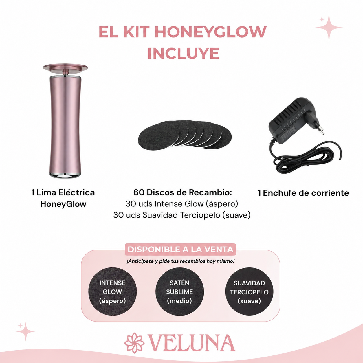 Contenido del kit HoneyGlow: lima electrica, 60 discos de recambio y enchufe de corriente