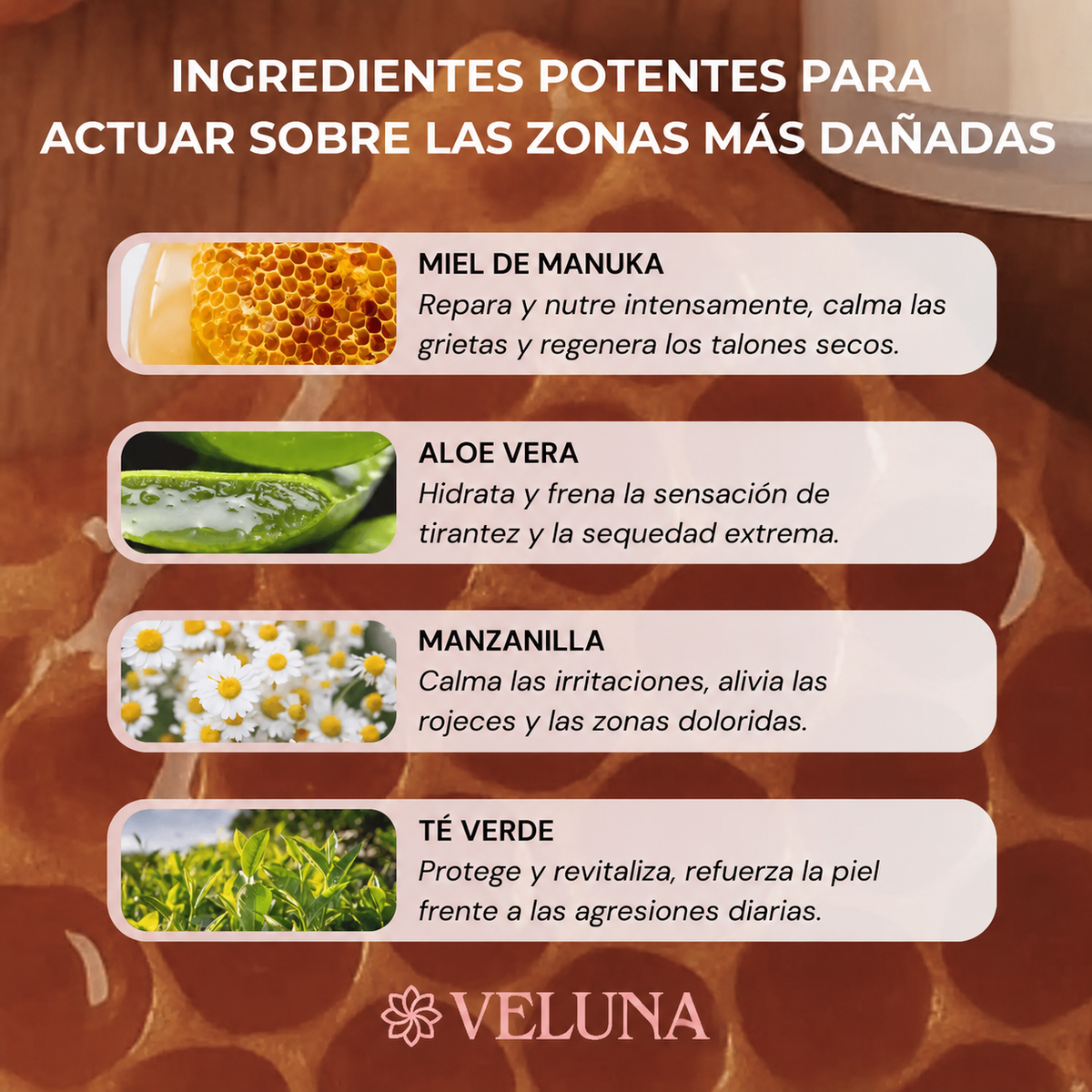 Ingredientes HoneyBalm: miel de Manuka, aloe vera, manzanilla y té verde