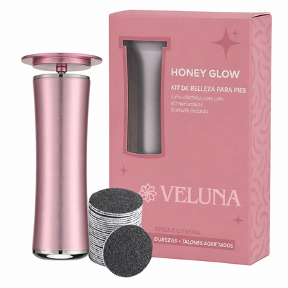 Kit de belleza para pies HoneyGlow de Veluna: lima electrica rosa, 60 recambios y caja del producto