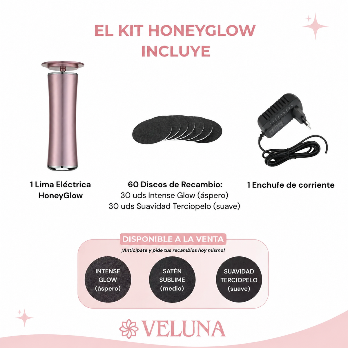 Contenido del kit HoneyGlow: lima electrica, 60 discos de recambio y enchufe de corriente