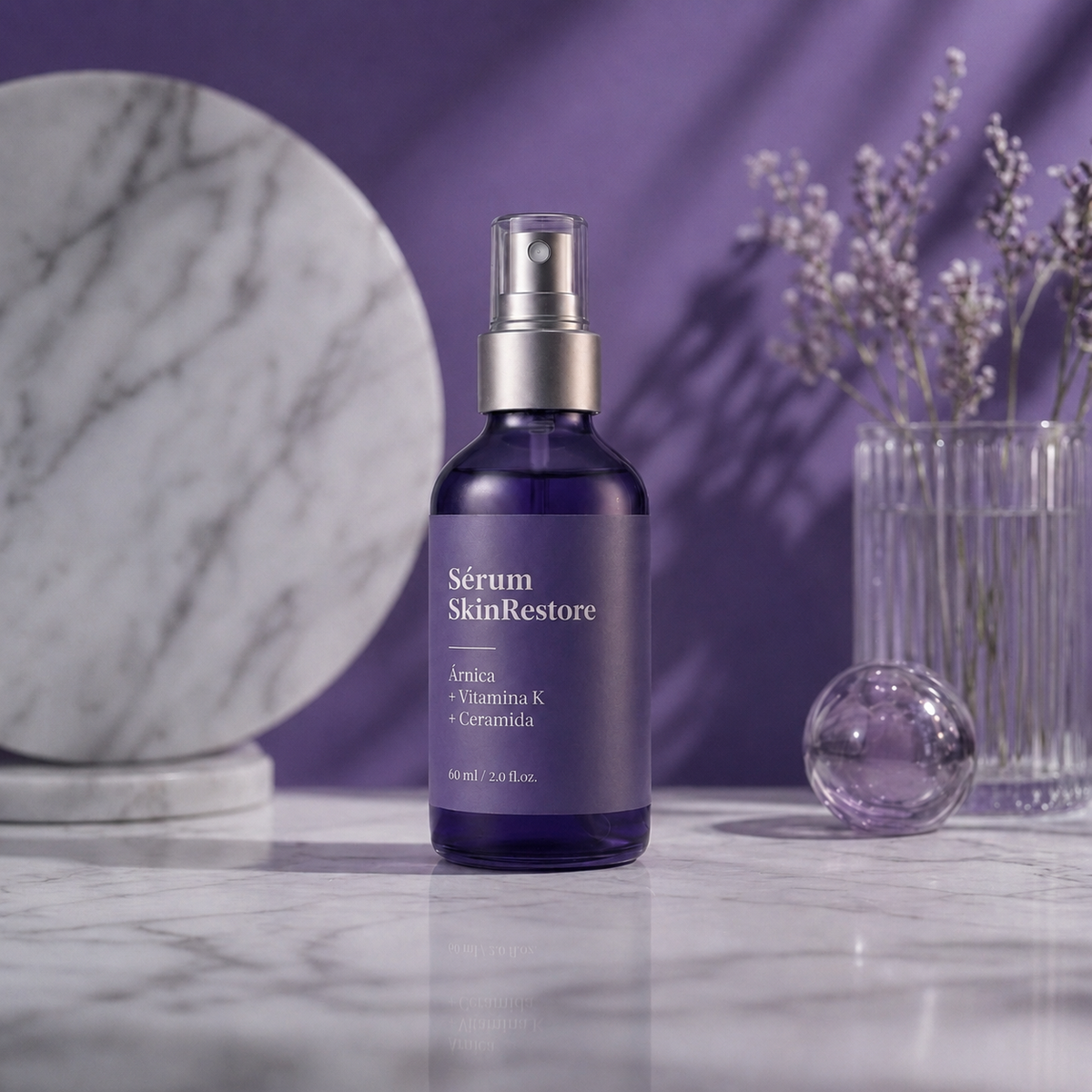 Sérum SkinRestore de Veluna, frasco de 60 ml sobre mármol